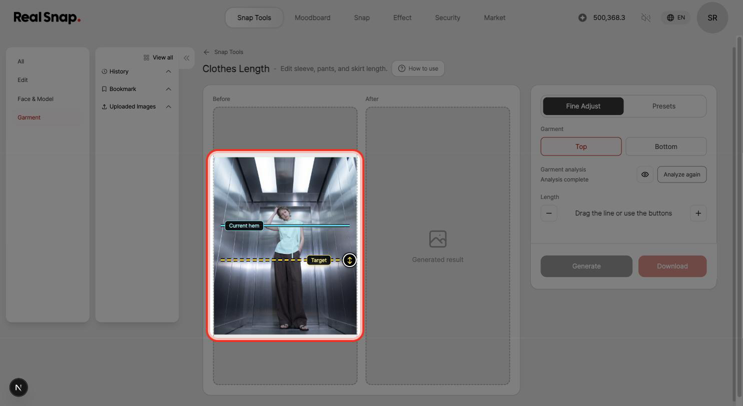 Clothes Length fine adjustment showing the current hem and target line