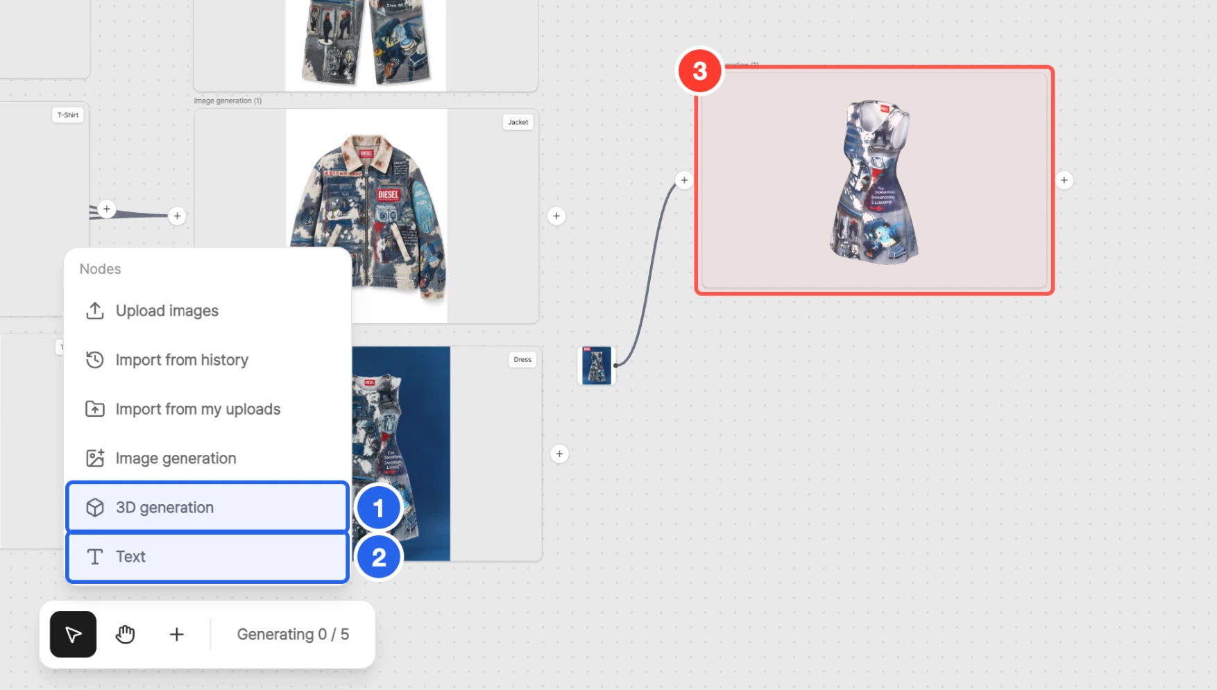 디자인 캔버스 카드 추가 메뉴의 3D 생성·텍스트 항목과 3D 결과 카드